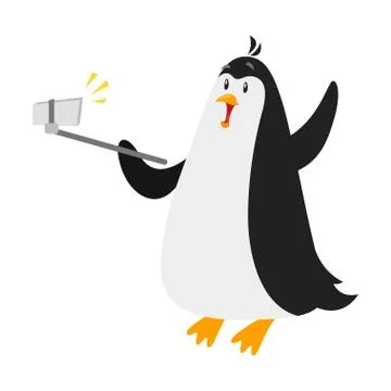 Vector flat style illustration of penguin selfie. Isolated on white backgroun Stock Illustration
