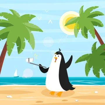 Vector flat style illustration of penguin selfie on the beach. Stock Illustration