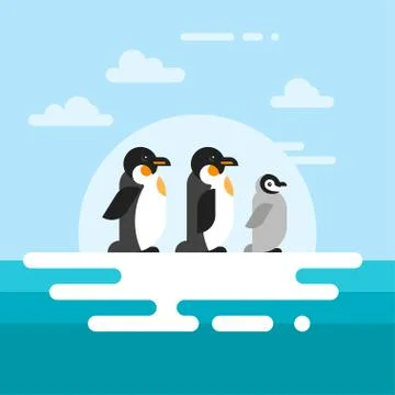 Vector flat style illustration of penguins on the glacier Stock Illustration