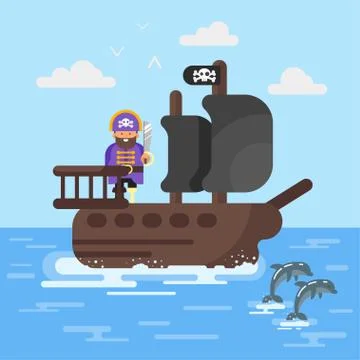 Vector flat style illustration of pirate ship with dolphins. Stock Illustration