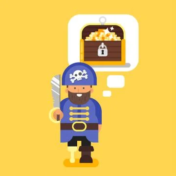 Vector flat style illustration of pirate and treasure chest. Illustrazione stock