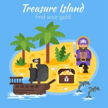 Vector flat style illustration of pirate ship, island Stock Illustration