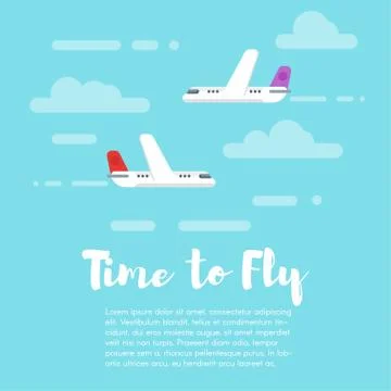 Vector flat style illustration of planes in the sky with word "Time to fly". Stock Illustration