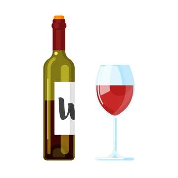 Vector flat style illustration of red wine bottle with wine glass. Stock Illustration