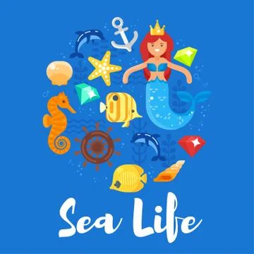 Vector flat style illustration of sea life. Stock Illustration