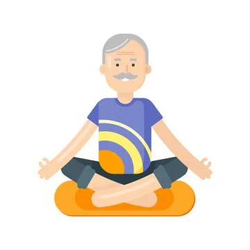 Vector flat style illustration of senior man doing yoga. Stock Illustration