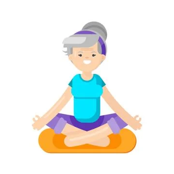 Vector flat style illustration of senior woman doing yoga. Stock Illustration