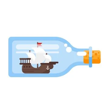 Vector flat style illustration of ship in a glass bottle. Illustrazione stock