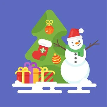 Vector flat style illustration with snowman, presents and Christmas tree. Stock Illustration