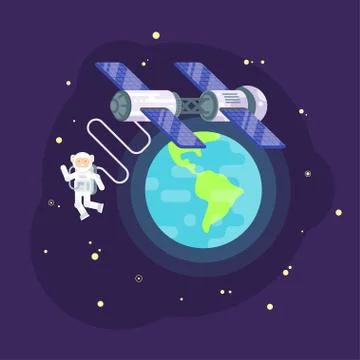 Vector flat style illustration of space station and astronaut in outer space. Illustrazione stock