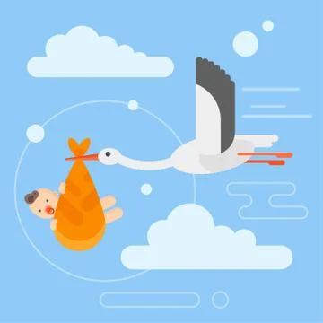 Vector flat style illustration of stork caring a newborn baby in the sky. Stock Illustration