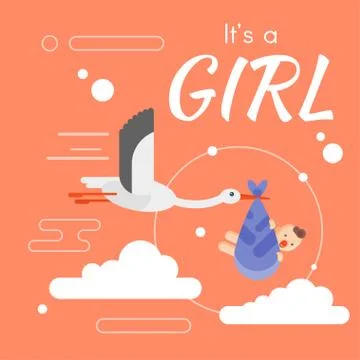 Vector flat style illustration of stork caring a newborn baby in the sky. Stock Illustration