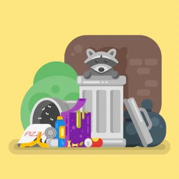 Vector flat style illustration of trash with raccoon. Spoiled food. Stock Illustration