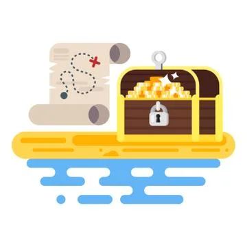 Vector flat style illustration of treasure chest and map. Stock Illustration