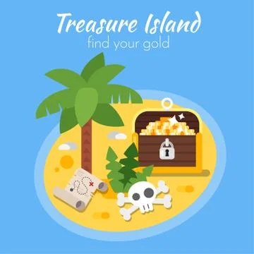 Vector flat style illustration of treasure Island and map. Stock Illustration