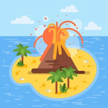 Vector flat style illustration of volcano on tropical island. Stock Illustration