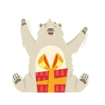 Vector flat style illustration of white bear with gift. Stock Illustration