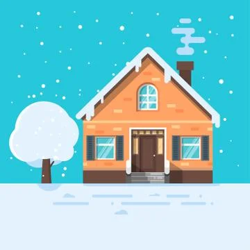 Vector flat style illustration of winter house with tree. Stock Illustration