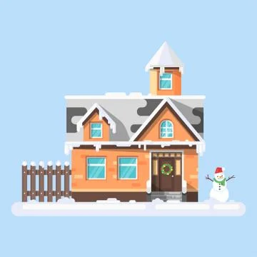 Vector flat style illustration of winter house with snowman. Stock Illustration