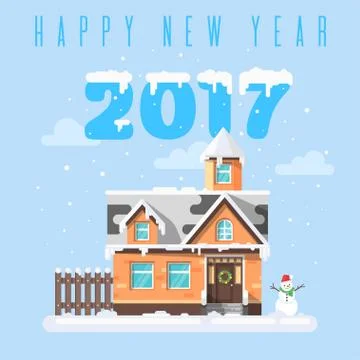 Vector flat style illustration of winter holiday house with snowman. Stock Illustration