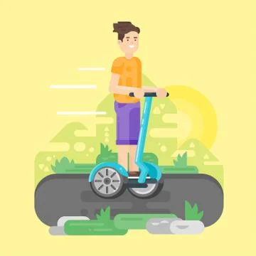 Vector flat style illustration of young man riding an two-wheeled vehicle. Stock Illustration