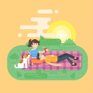 Vector flat style illustration of young happy couple having picnic in the par Stock Illustration
