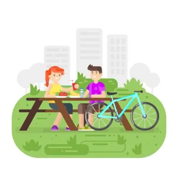 Vector flat style illustration of young happy couple having picnic in the par Stock Illustration