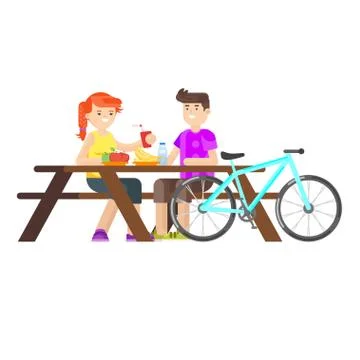 Vector flat style illustration of young happy couple having picnic in the par Stock Illustration