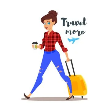 Vector flat style illustration of young pretty woman with a travel case. Stock Illustration