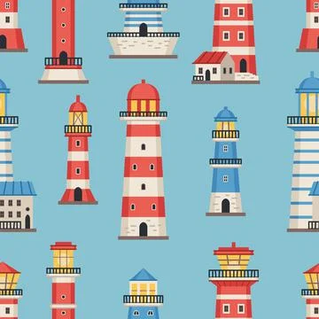 Vector flat style lighthouses with searchlight, marine theme seamless pattern Stock Illustration