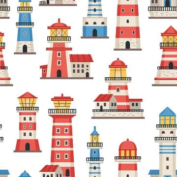 Vector flat style lighthouses with searchlight, marine theme seamless pattern Stock Illustration