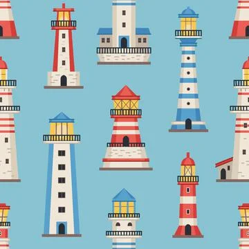 Vector flat style lighthouses with searchlight, marine theme seamless pattern Stock Illustration