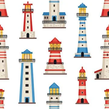 Vector flat style lighthouses with searchlight, marine theme seamless pattern Illustrazione stock