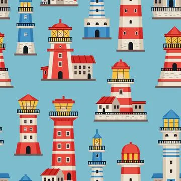 Vector flat style lighthouses with searchlight, marine theme seamless pattern Stock Illustration