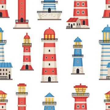 Vector flat style lighthouses with searchlight, marine theme seamless pattern Stock Illustration