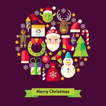 Vector Flat Style Merry Christmas Objects Concept Stock Illustration