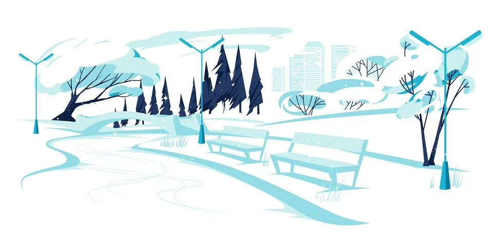Vector flat style panoramic landscape on winter city park with skyline of bui Ilustración de archivo