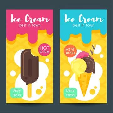 Vector flat style posters with ice cream. Stock Illustration