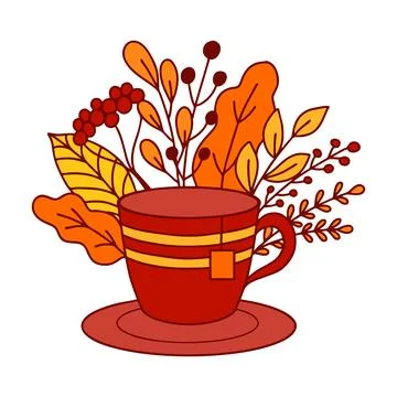 Vector flat style print with cup of tea and autumn leaves. Autumn yellow an.. Stock Illustration