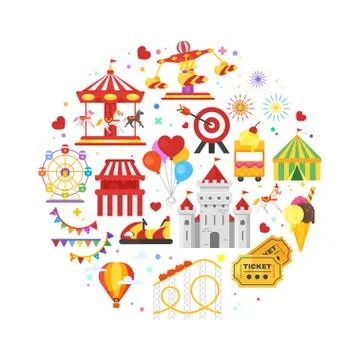 Vector flat style round composition of amusement park symbols Stock Illustration