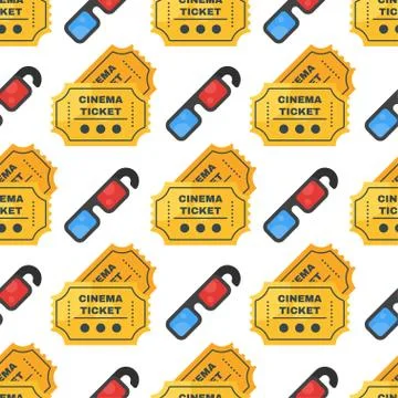 Vector flat style seamless cinema pattern with ticket and 3d glasses. Stock Illustration