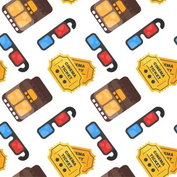 Vector flat style seamless cinema pattern with ticket, 3d glasses and tape. Stock Illustration