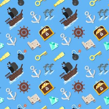 Vector flat style seamless pattern with pirate ship Stock Illustration