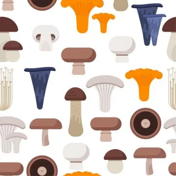 Vector flat style seamless pattern with various eatable mushrooms Stock Illustration