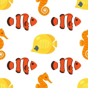 Vector flat style seamless pattern with red and yellow fish. Stock Illustration