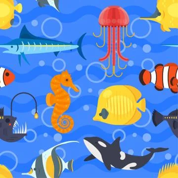 Vector flat style seamless pattern with exotic fish. Stock Illustration