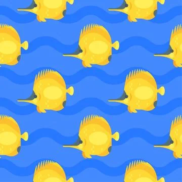 Vector flat style seamless pattern with yellow fish. Stock Illustration