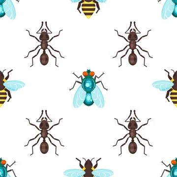 Vector flat style seamless pattern with ants, bees and fly. Stock Illustration