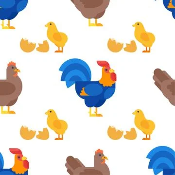 Vector flat style seamless pattern with rooster, hen and chickens. Stock Illustration