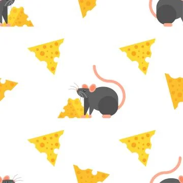 Vector flat style seamless pattern with mouse and cheese. Stock Illustration